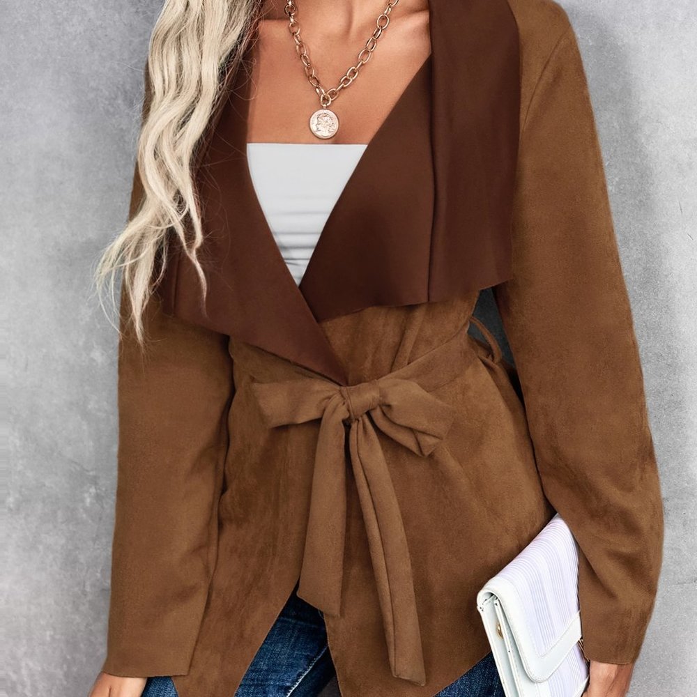 New Waterfall Collar Belted Jacket Brown - Picture 3 of 6